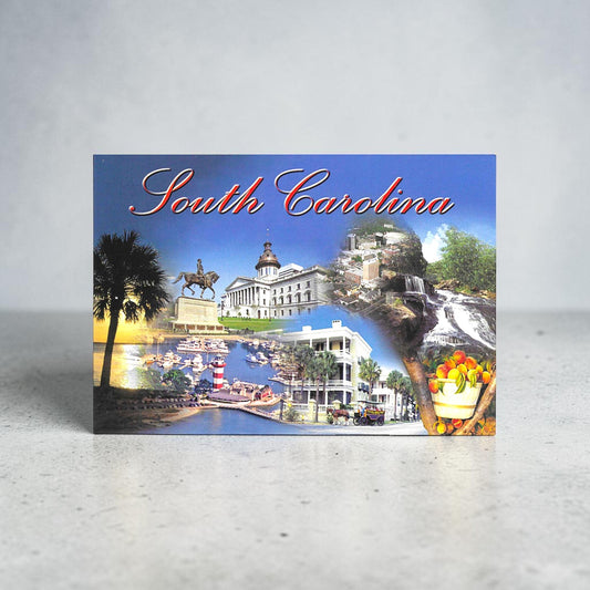 Postcard featuring a scenic views of South Carolina with landmarks and text.